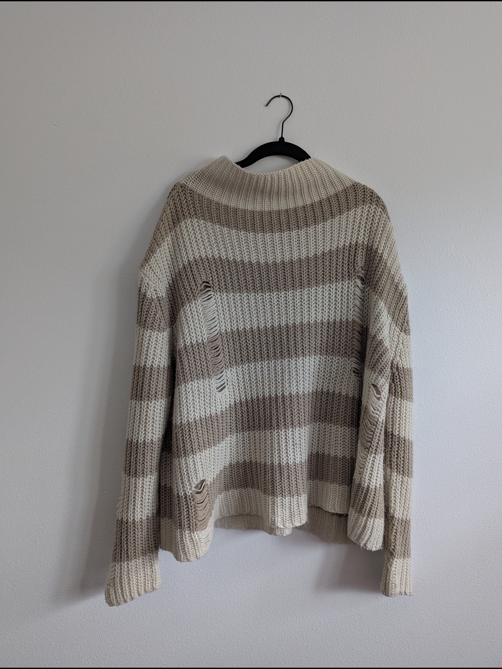 Striped Cowl Neck Knit Sweater - Cream & Tan Fall Distressed Sweater Oversized